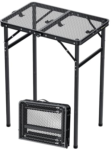 JiGiU Folding Grill Table with Mesh Desktop Lightweight & Portable Camping Table Outdoor Grill Tables Aluminum Alloy Foldable Grill Table 3 Height Adjustable for Camping Picnic Cooking BBQ