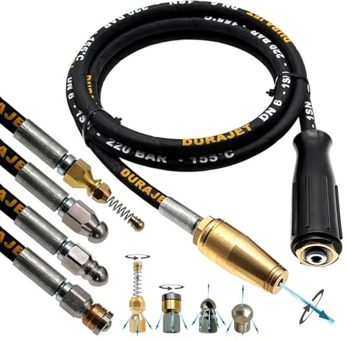 M&M Smartek Rohrreinigungsschlauch 20m M22 IG, 5 Düsen, 220 bar | DURAJET DN6 mit Drahteinlage und M22x1,5 IG; 5 Düsen inklusive Turbo-Dreckfräse, bis 220 bar und 150 °C im Einsatz belastbar.