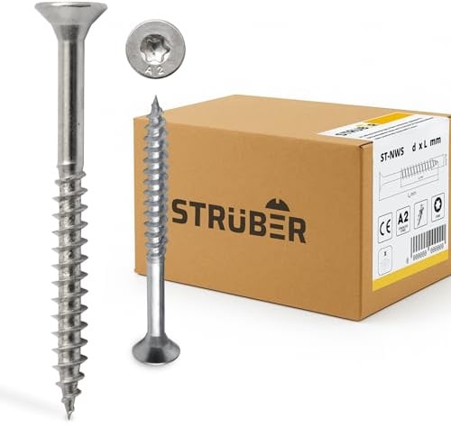 STRÜBER Universalschraube aus Edelstahl rostfrei A2 mit Senkkopf & Torx-Antrieb (5,0 x 60 mm / 200 Stk.) - Holzschraube - Spanplattenschrauben - Teilgewinde - TX-Bit inkl. - ETA