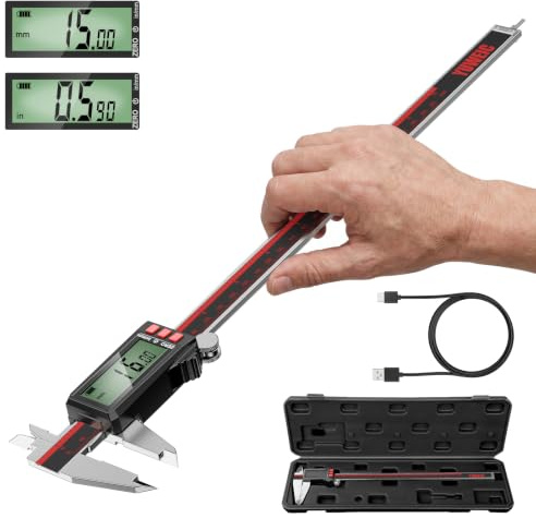 YUWEIC Rechargeable Digital Caliper 300MM/12 Inch, Calipers with LCD Screen, Inch/MM, Stainless Steel Digital Vernier Caliper Measuring Tool for DIY, Household, Gem, 3D Printer