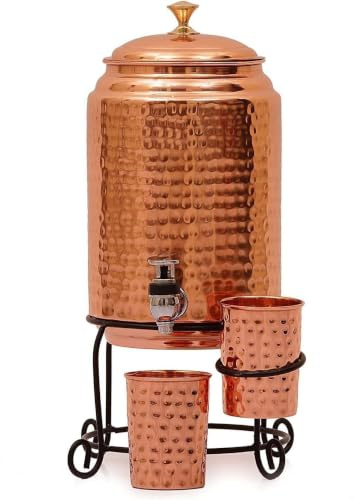 Pure 100% Hammered Copper Water Dispenser (Matka/Hammer), 5000 ml Pitcher, with 2 Copper Glasses and Iron Stand for Home and Kitchen