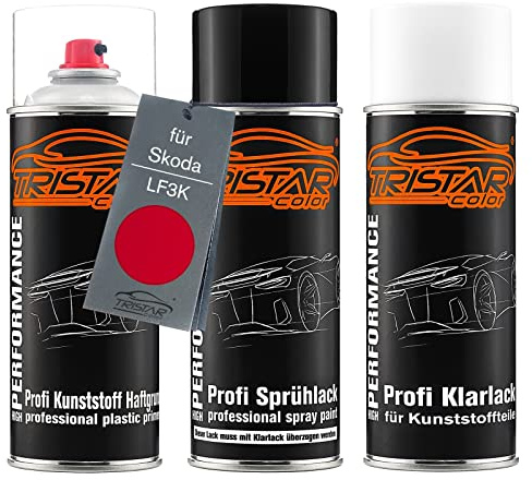 TRISTARcolor Autolack Spray Set Kunststoff für Skoda LF3K Corrida Red | Cervena Corrida, Sprühdosen-Set für Stoßstange/Plastik, Kunststoff-Haftgrund + Basislack + Klarlack