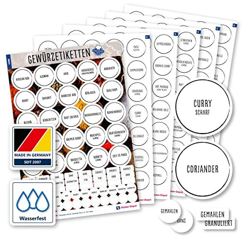 248 Gewürze Etiketten Aufkleber - rund - schwarz/weiß - Gewürzetiketten Selbstklebend - Wasserfest - Gewürz Sticker - 38mm - für Gewürzgläser, Dosen und Regale - Feinschmecker Edition (schwarz/weiß)