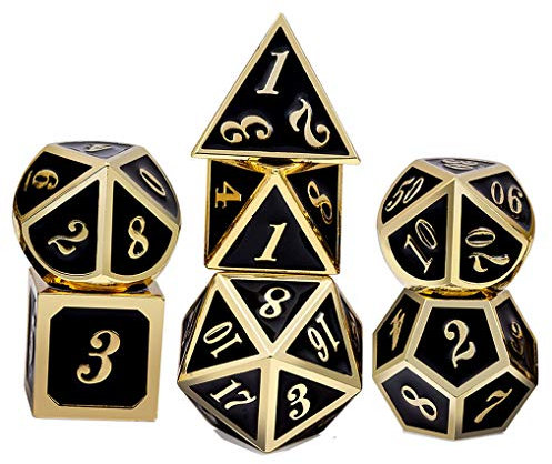 Yourandoll 7 STÜCKE Zinklegierung Metall Würfel Polyedrische Würfel D20 D12 D10 D8 D6 D4 für Dungeons und Dragons DND RPG MTG Würfel Tischspiele 16mm (Schwarz Gold)