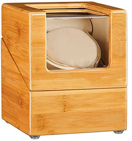 JQUEEN Automatic Watch Winder Single, Bamboo Display Case with Quiet Japanese Motor, 5 Program Settings, AC Adapter & Battery Powered