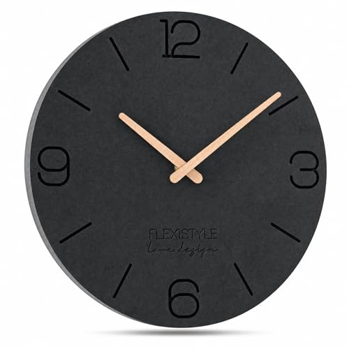 FLEXISTYLE ECO Wall Clock without Ticking Noises 30 cm, Living Room, Bedroom, Made in Europe (Black 3)