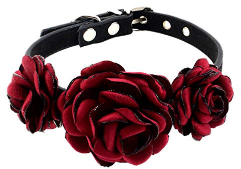 KRUIHAN Hundehalsband mit Blume, Verstellbare Hunde Katze Halsbänder mit Metall Steckverschluss, Verkleide Katzen und Hunde für Weihnachtsfeier, Burgundy Rot-M