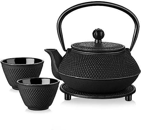 Velaze Iron Teapot set, Traditional Japanese Tetsubin Tea Kettle Cast Iron Teapot with Stainless Steel Infuser, Antique Small Dot Design, 2 Iron Cups and Trivet Stand Tray, 700ML/ 24OZ