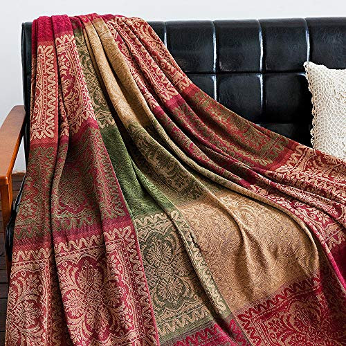 AIVIA Boho-Sofa-Überwurf, Decke, Schonbezug, Bett-Liegestuhl, Überwurf, Sofabezug, buntes Chenille, gewebt, böhmisches Dekor, groß, übergroß, 221 x 261,6 cm, Grün/Weinrot