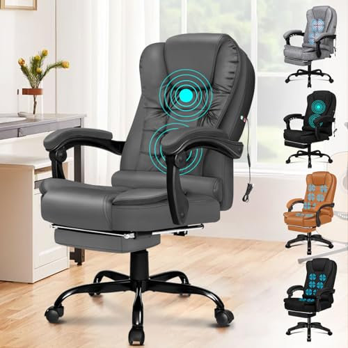 ELFORDSON Massage Office Chair for Home Office, Ergonomic Computer Desk Chairs with Footrest Armrest, PU leather Chair for Adults, Ergonomic Chairs for Heavy Duty (Grey)