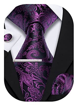 Barry.Wang Corbatas de cachemira de seda para hombre con pañuelo, gemelos, juego de corbata, boda solemne, 3 unidades, morado oscuro, Talla única
