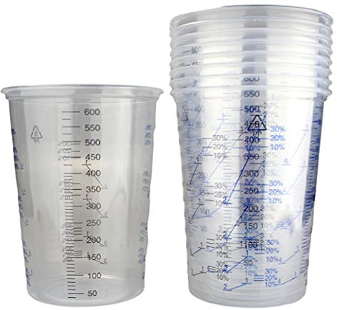 Alex Flittner Designs Mischbecher 10x Messbecher 600ml für Autolack Klarlack 2:1 3:1 4:1 Mischskala