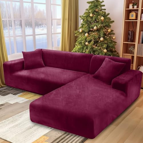 NAKIHOUSE Dicke Samt Sofa Überwürfe Sofabezug mit einem Kissenbezug, Superweicher Elastische Sofa Abdeckung in Bordeauxrot Farbe für 1/2/3/4 Sitzer(L-förmiges Ecksofa erfordert Zwei)