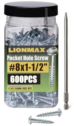 LIONMAX # 8 x 3,8 cm Taschenlochschrauben, 600 Stück Holzschrauben, Vierkantantrieb, Grobgewinde, Unterlegscheibenkopf, selbstschneidend, verzinkt, für Taschenlochvorrichtung, 150-mm-Antriebs-Bit im