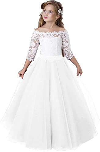 Aibaowedding Abito da principessa per bambina, con pizzo, in tulle, elegante, lungo abito da sera e comunione