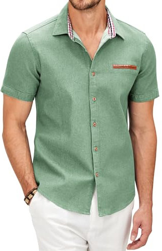 COOFANDY Chemise Homme Manches Courtes en Coton - Chemise Décontractée Style Western, Coupe Slim, Légère et Douce pour Été/Vacances/Bureau Vert Céladon-B XL