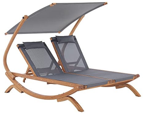 [en.casa] Doppelliege Karystos 197 x 156 x 144 cm Gartenliege mit Kopfkissen und Sonnendach Relaxliege verstellbare Rückenlehnen Lärchenholz Polyester Dunkelgrau