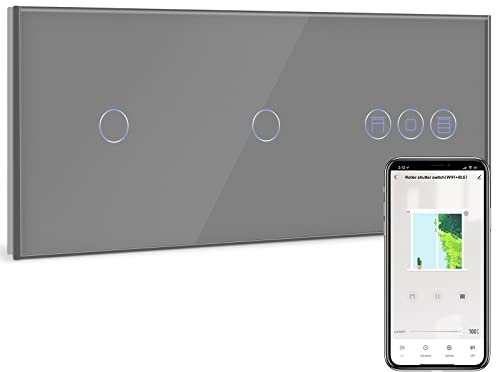 BSEED WiFi Interruptor Doble con Interruptor Persiana Gris,1 Gang 1 Vía Interruptor de Pared Compatible con Alexa y Google Home, Control por APP o Voz, Función de Temporizador, Requiere Cable Neutro
