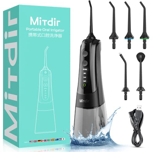 MiTdir Idropulsore Dentale Portatile con filo interdentale ad acqua 5 punte a getto 4 modalità IPX7 Impermeabile 300 ml Serbatoio d'acqua staccabile di grandi dimensioni Ricaricabile senza fili
