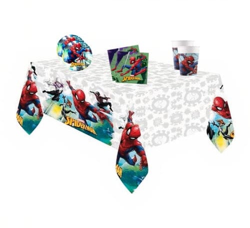 Lage Ensemble de Vaisselle de Fête Spiderman Team Up, Kit Décorations Anniversaire à Thème Super héros – Couverts Jetables pour 24 Invités avec 24 Assiettes, 24 Gobelets, 40 Serviettes, 1 Nappe