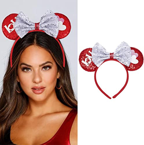 Reaky Valentines Day Headband Mouse Ears Hair Band Sequins Bow Knot Hair Hoop Headwear Festival Costum Hair Accessories for Women and Girls,1 Pcs