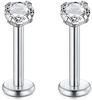 Rajnard Silber Lippenpiercing Stud 16G 1.2mm Chirurgenstahl Helix Ohrringe 8mm Länge Cartilage Tragus Labret Piercing mit 3mm Zirkon Innengewinde Piercing Schmuck für Frauen Männer