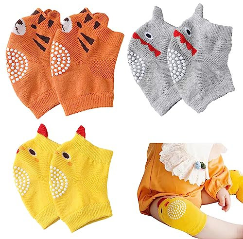 CLDURHGE 3 Stücke Knieschoner Baby zum Gehfrei Krabbeln Mädchen Junge mit Anti-Rutsch Elastische Baby Knieschützer mit Gummipunkte(Rosa Fuchs + Khaki-Bär + hellgrünes Kätzchen)
