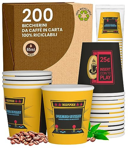 200 Bicchierini in Carta da caffè 65ml ArcadeCUP Bicchieri Ecologici Biodegradabili Monouso Piccoli Asporto Bevande Calde