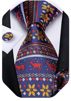 DiBanGu Weihnachts-Krawatten für Herren, Weihnachts-Krawatte und Einstecktuch, Manschettenknöpfe, Urlaubskrawatte mit Geschenkbox, Blau/roter Weihnachtselch, Einheitsgröße