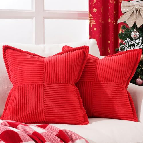 Topfinel Kissenbezug 40x40 Weihnachten Rot 2er Set Kordsamt Kissenbezüge Kissenhülle Zierkissenbezüge für Sofakissen Dekokissen Wohnzimmer Bett Sofa Geschenke