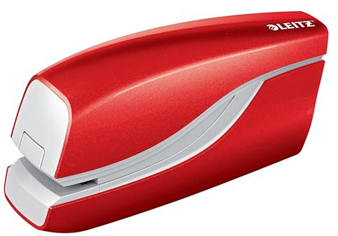 Leitz WOW Grapadora Eléctrica, Hasta 10 Hojas a la Vez, Funciona con Pilas, Rojo Metálico, Incluye 1000 Grapas E1, 55661026