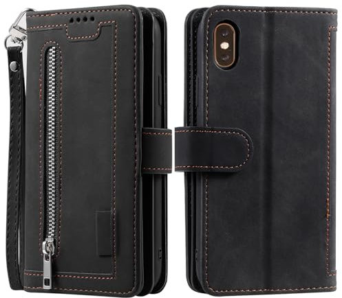 VEEMOS Handyhülle für iPhone XS Max hülle Klappbar Handytasche Schutzhülle Klapphülle mit Ständer Kartenfach Handy Tasche Book Flip Case Cover - Schwarz