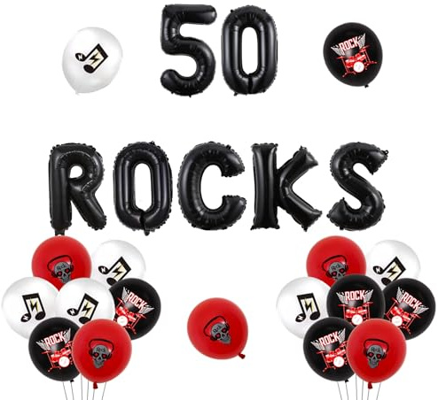 Wonmelody Rock and Roll 50 Geburtstag Party Dekorationen Rot und Schwarz 50 Rocks Ballon Banner Rock N Roll Thema Party Dekor Musik Thema Geburtstag Dekoration für 50 Rock N Roll Geburtstagsfeier