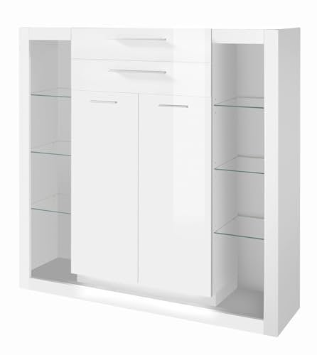 Furn.Design Highboard in weiß Hochglanz Kommode Wohnzimmer Esszimmer Schrank Anrichte 141 x 139 cm Ladis (Highboard)