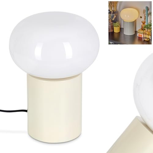 Tischleuchte Godrie, moderne Nachttischlampe aus Metall/Glas in Creme/Weiß, runde Tischlampe im Retro-/Vintage Design, Ø 20 cm, Höhe 27 cm, mit An-/Ausschalter am Kabel, 1 x E27, ohne Leuchtmittel