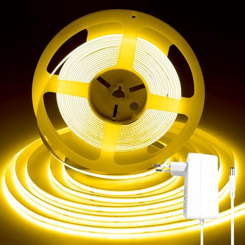 iNextStation COB LED Streifen 10M Gelb, DC24V Dimmbar LED Strip Lights mit Netzadapter Flexibel CRI93+ Lichtband Selbstklebend für Schlafzimmer, TV Hintergrundbeleuchtung, Küche