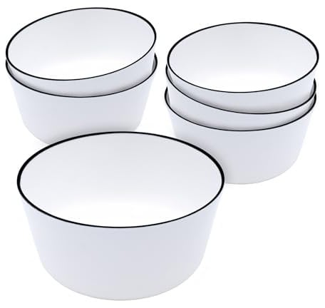 Lot de 6 bols à céréales en mélamine blanc avec bord noir - 700 ml - Saladier en plastique pour camping et pique-nique - Vaisselle pour 4 personnes - Accessoires de camping - Passe au lave-vaisselle -