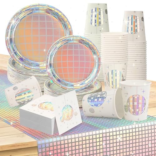 Accessoires de fête disco - Assiettes en carton - Boule disco - Gobelets en carton - Fête disco - Serviettes de cocktail - Chemin de table - Décoration de fête disco des années 70 - Multicolore