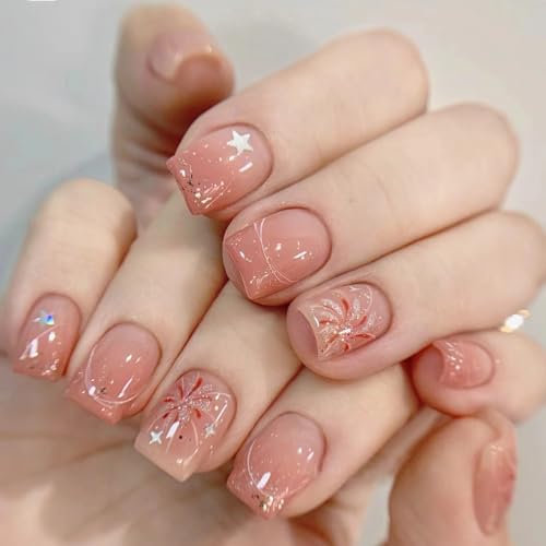 False Nails Short, French Stick On Square Nude Press On With Glue Sparks Fly Design Elegant Sweet Fake for Women Girls (Fireworks Star) - 24pcs