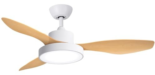 WUUM FLOW DC – Ventilador de techo | Gran luz LED 24W con 3 tonos | Potente motor ultrasilencioso, 6 velocidades | Control remoto por mando | Color madera y blanco