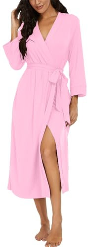 PrinStory Peignoir léger à manches 3/4 pour femme - Col en V - Kimono - Vêtement de nuit long, rose clair, L
