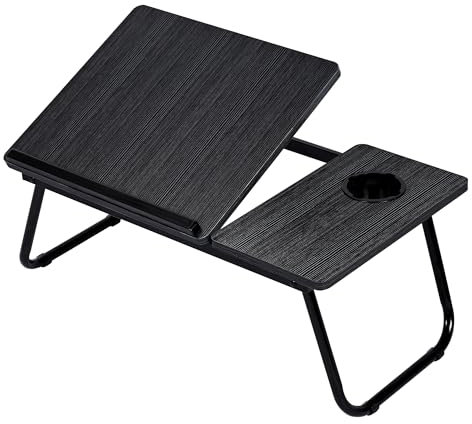 Mesa Reclinable para Cama y Sofá, Bandeja Plegable con Portavasos, Ideal para Ordenador Portátil y Libros, con Cinco Alturas, Mesita Auxiliar Multiusos de MDF, Acero y Plástico