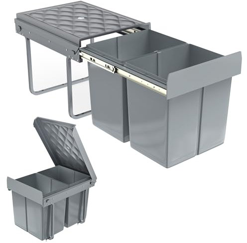 VA-Cerulean 2 Fächer Einbaumülleimer System 2x15 Liter, Abfallsammler Ausziehbarer Mülleimer mit Teleskopschienen, Herausnehmbare Eimer Mülltrennsystem, Grau, 48 x 34,2 x 35,1cm