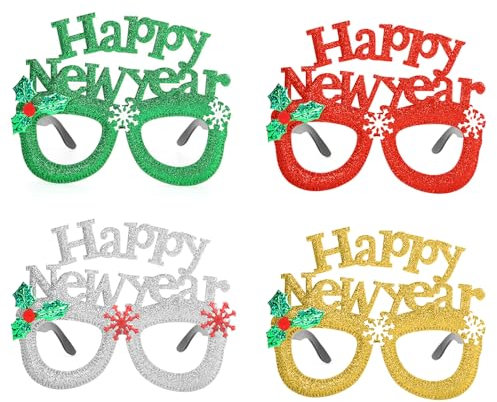 Ymxil 4 Stück Happy New Year Brillen, Silvester Brille Glitzer 2026 Frohes Neues Jahr Brillen, Kreative Party Foto Prop, Lustige Neujahr Partybrillen, Silvester Party Deko 2026