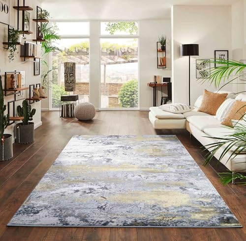 Emperor Metallic Abstract Modern Living Room Area Rug, Gold, 160x230cm