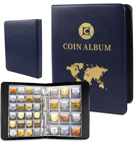 Album Monete da Collezione 420 Tasche,Libro Porta Monete da Collezione 3.5 * 3.5 cm/4.5 * 4.5 cm,Raccoglitore Monete Collezione 2 Euro,25x19 cm Libro Raccolta Monete 20 Pagine di Inserti Trasparenti