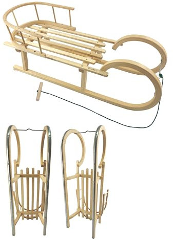 Hörnerrodel 100 cm mit Rückenlehne - Holzschlitten aus massivem Buchenholz - Hörnerschlitten Rodelschlitten mit Zugseil & Holzgriff - Schneeschlitten robust mit Leichtlauf-Stahlkufen