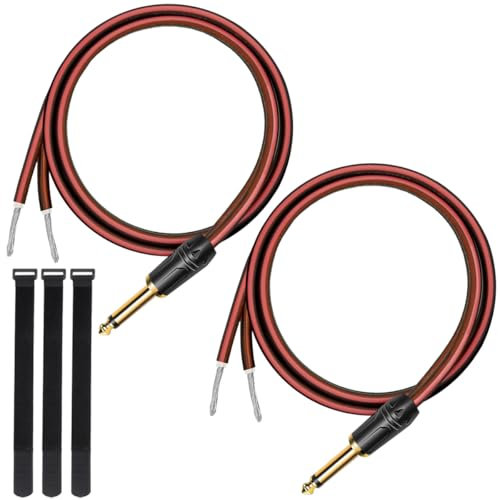 MKBKLLJY 2 connettori da 1/4 TS a cavo per altoparlante nudo 1FT 16AWG positivo filo rosso marcatura con alloggiamento in rame puro placcato oro, spina TS da 6,5 mm, spina mono con fascette per