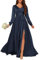HPPEE Satin Navy Blue Bridesmaid Dresses Long Sleeve Plus Size V Neck Formal Gown Wedding Guest Dress for Women UK18