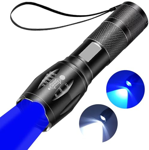 MVIOCS Lampe de poche bleue rechargeable 2 en 1 super lumineuse avec zoom 2000 lumens avec combinaison de lumière blanche et bleue, lampe de poche étanche pour la pêche, les cartes et les cartes